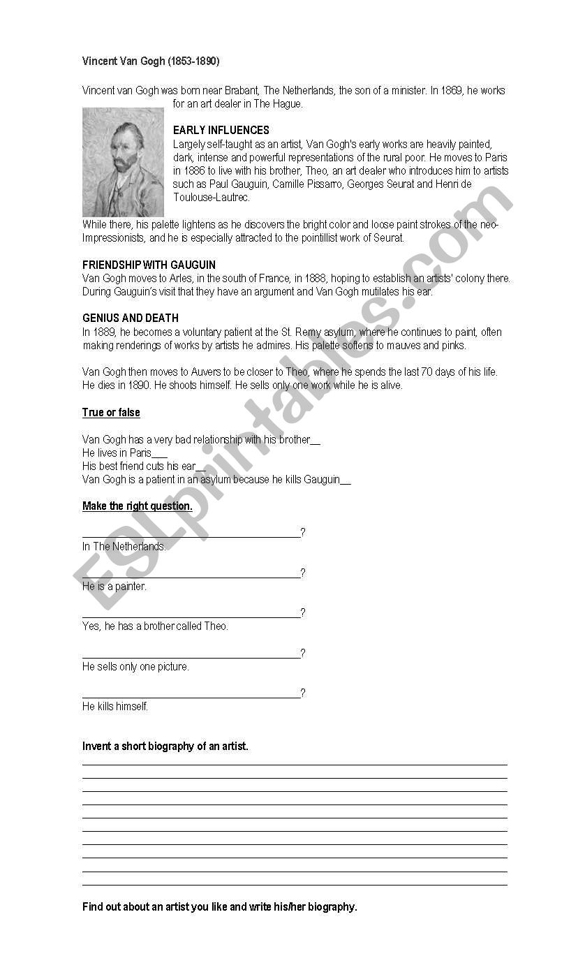 van gogh biography worksheet