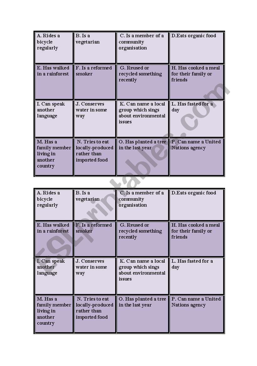 Ecobingo worksheet