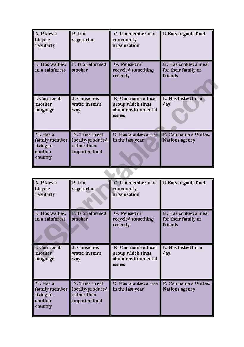 Ecobingo worksheet