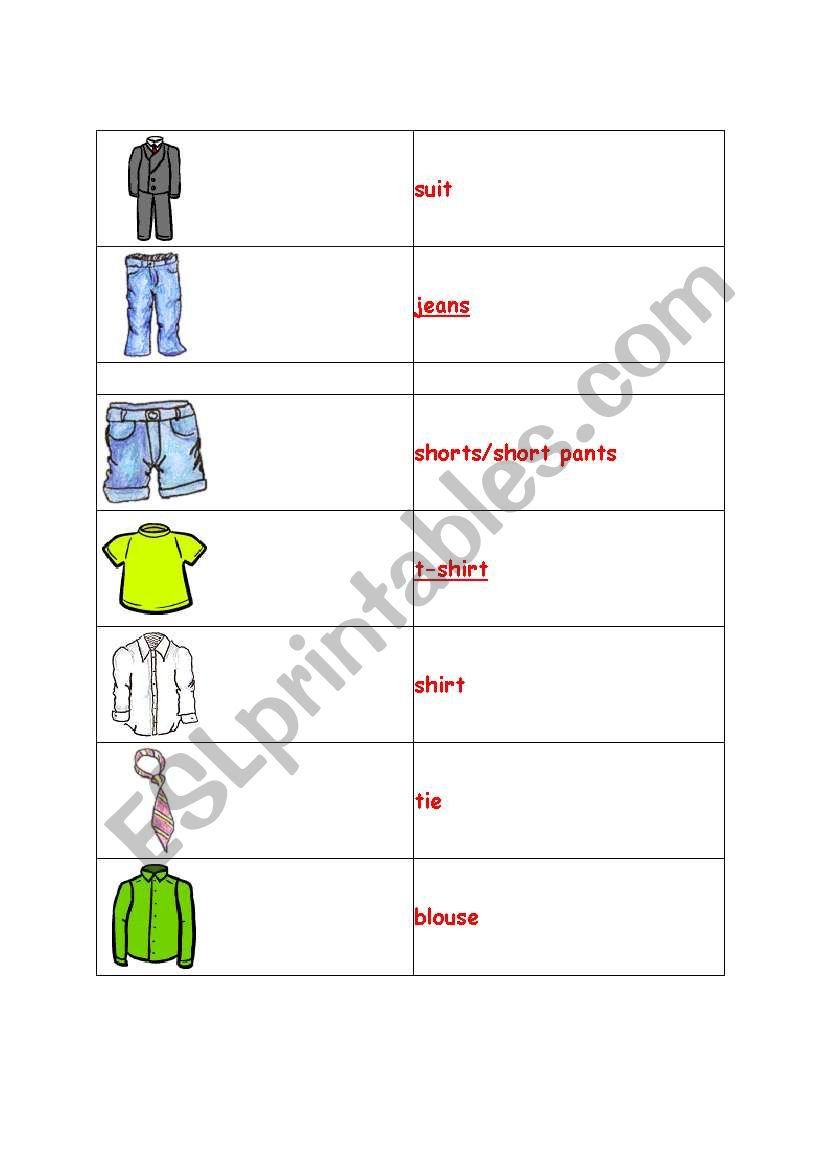 flashcards to teach the names of the clothes