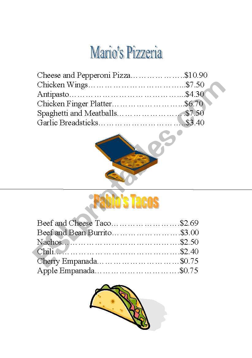 Restaurant Menus 3 worksheet