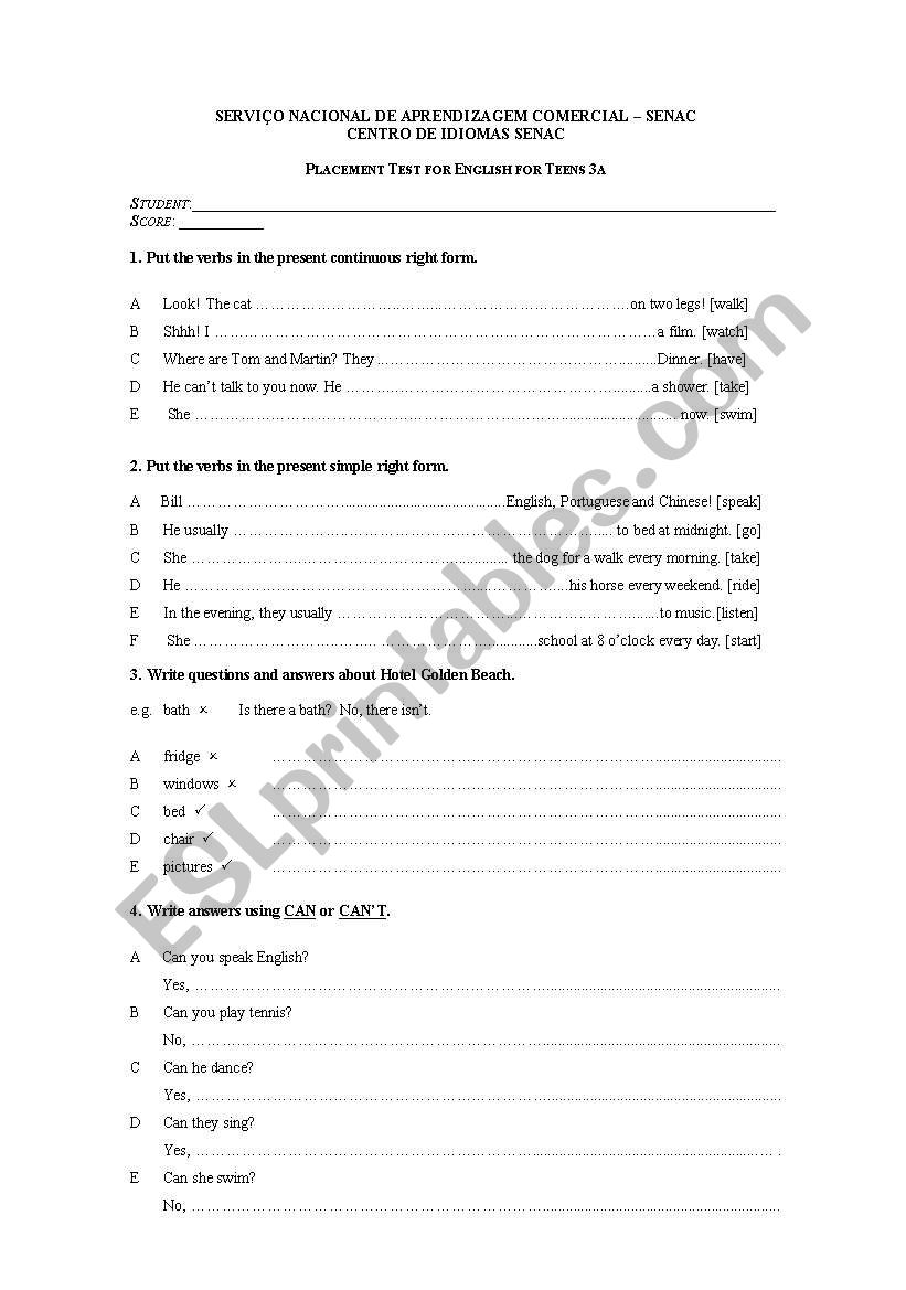 Placemente test worksheet