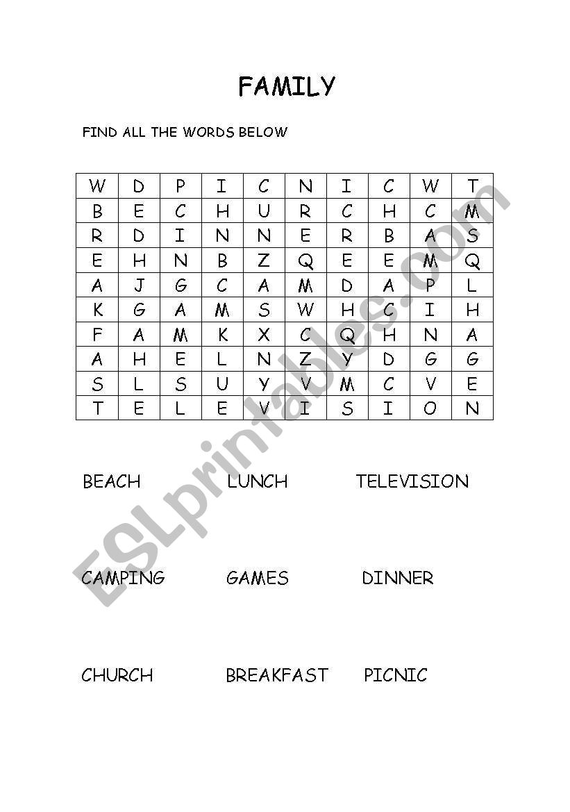 Family activities wordsearch worksheet