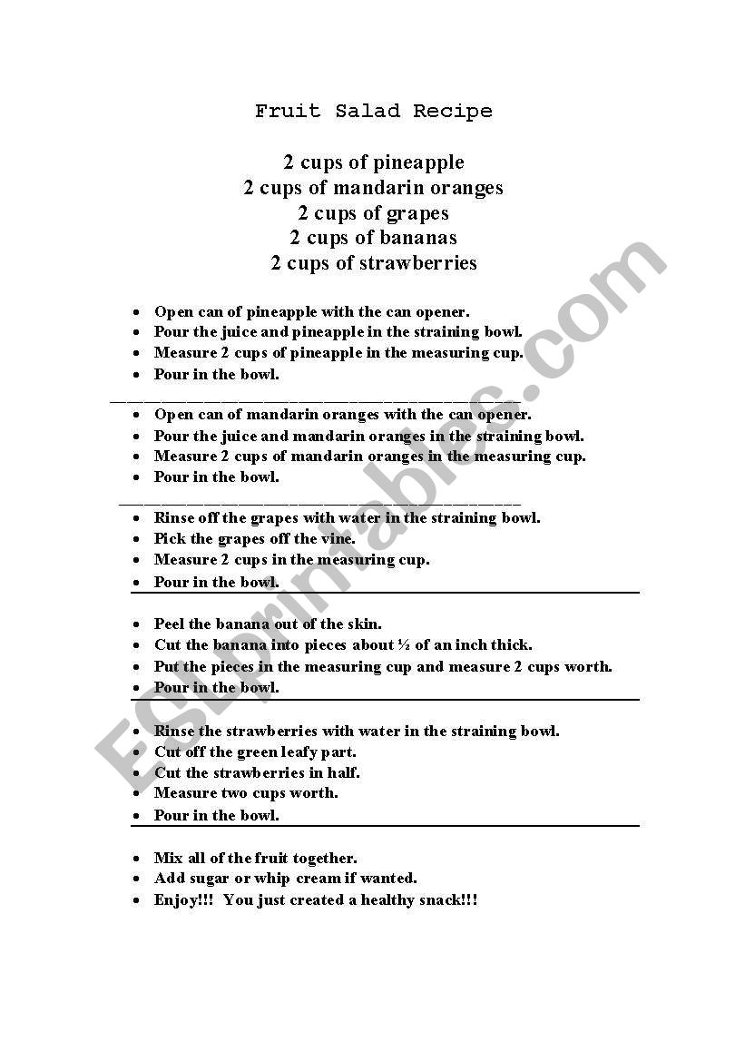 Fruit Salad Recipe worksheet