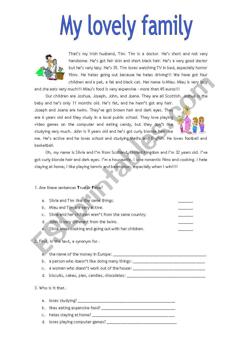 Reading - My lovely family worksheet