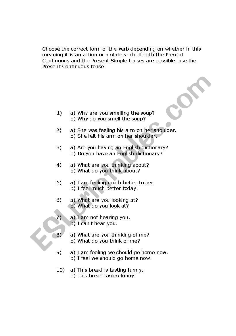 State verbs test worksheet