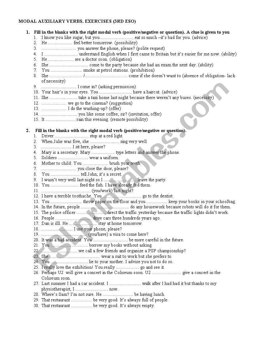 Modal auxiliary verbs. Mixed worksheet