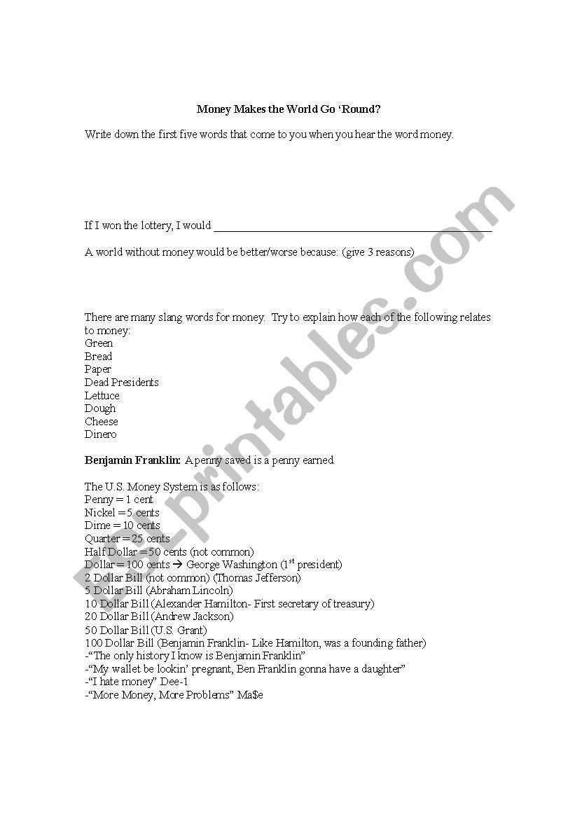 US Money Activity worksheet