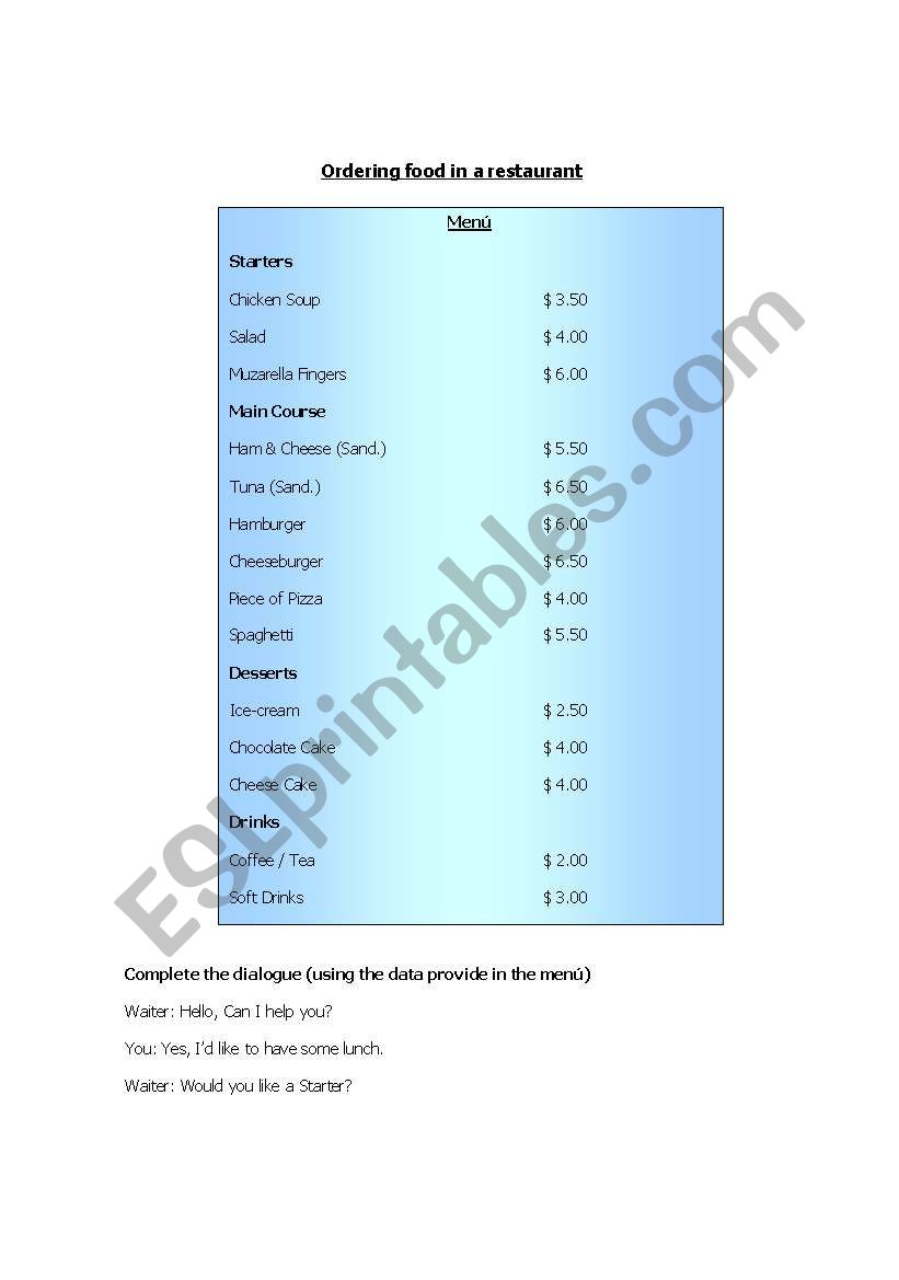 Ordering food in a restaurant worksheet