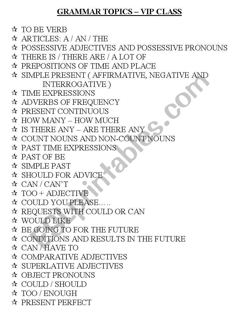 GRAMMAR TOPICS worksheet