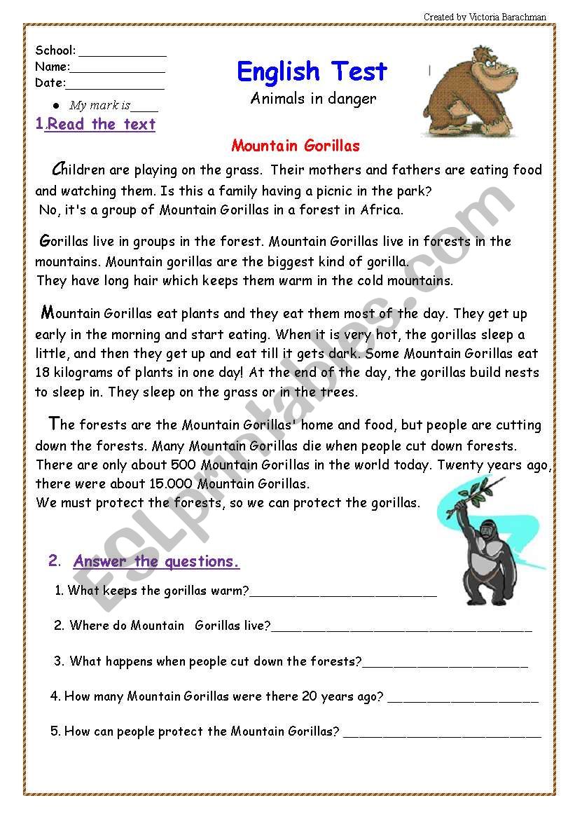 Test: Animals in Danger/ 5 pages/ +Reading Comprehension and Writing - ESL  worksheet by Victoria-Ladybug