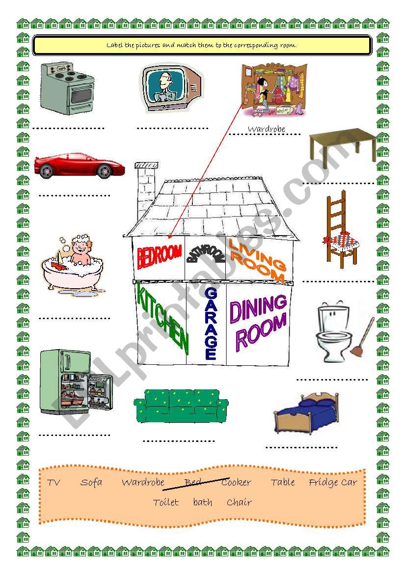 Label the pictures and match them to the corresponding room.