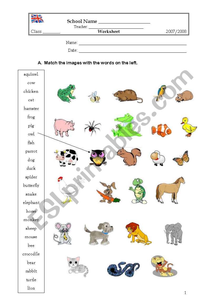 Matching the animals worksheet