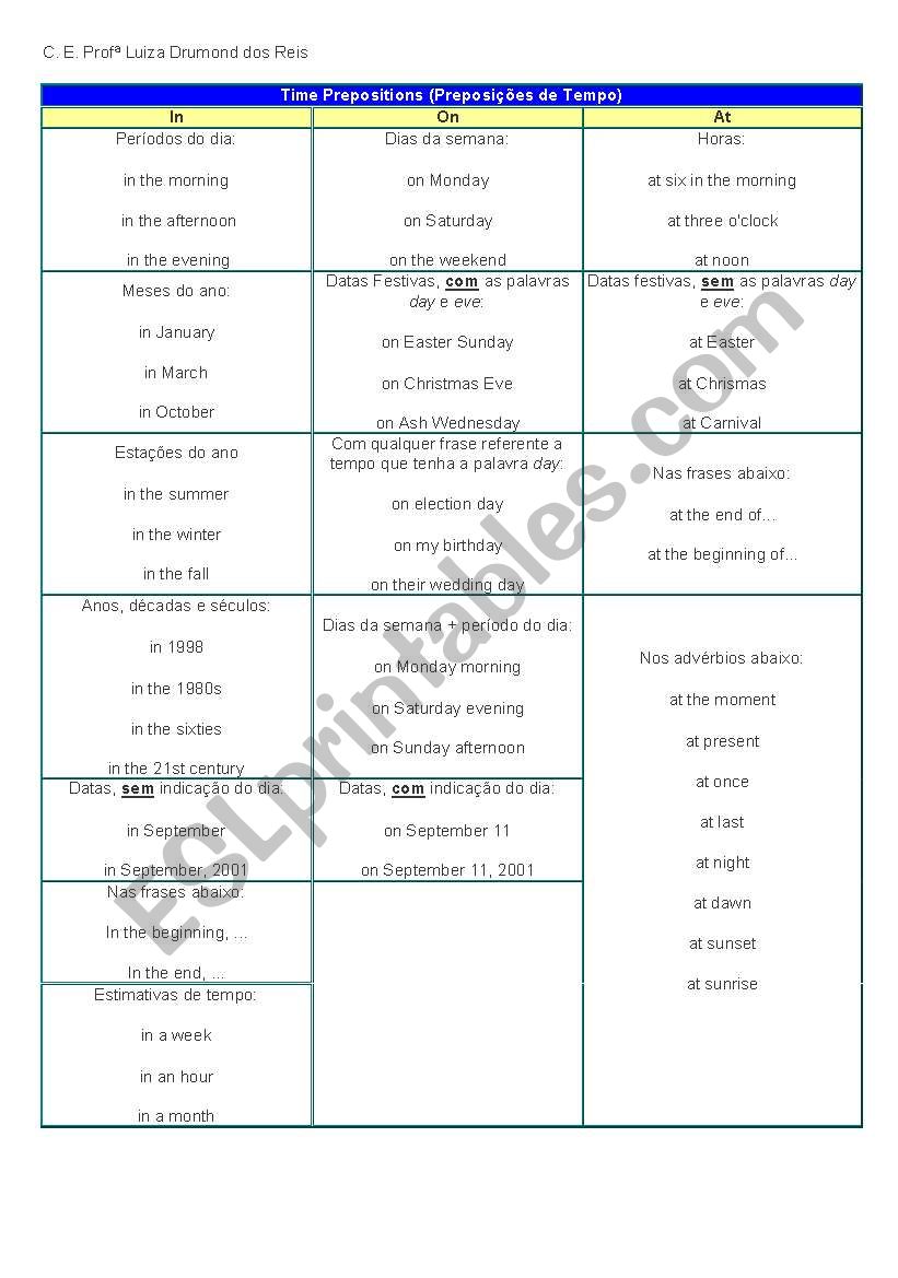 Time prepositions worksheet