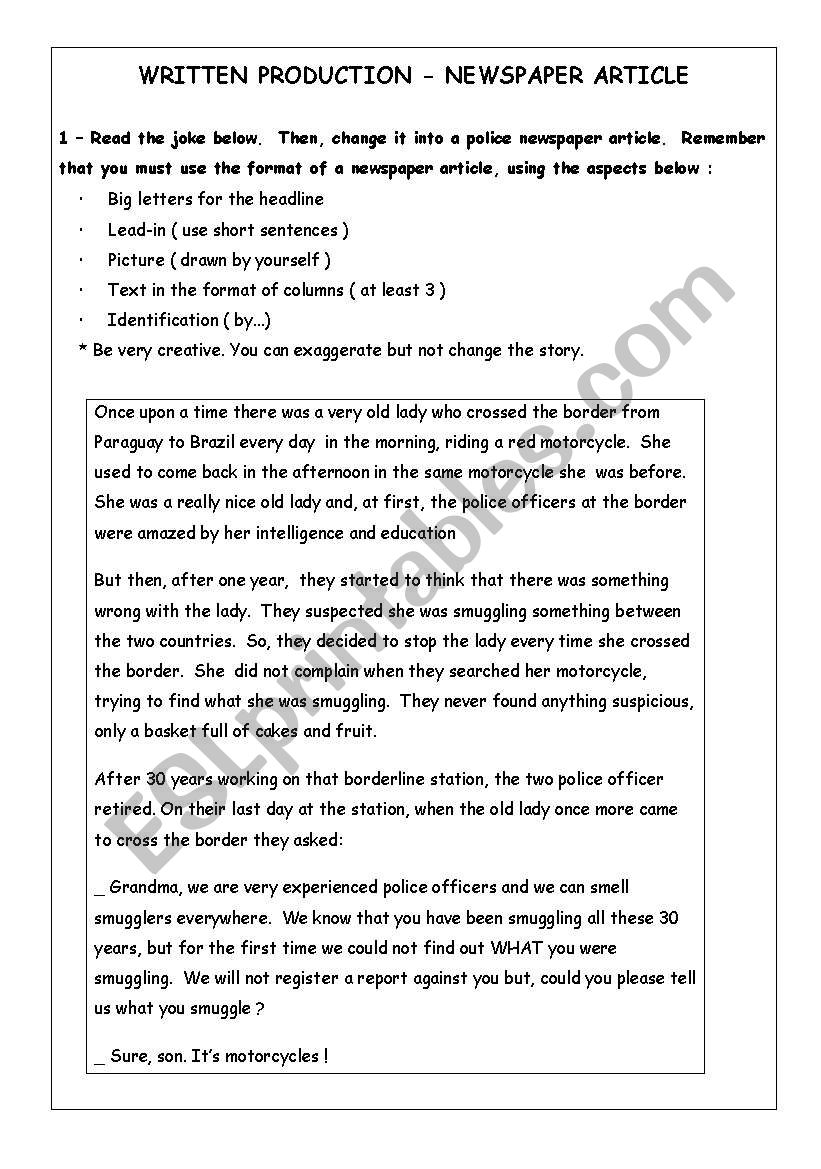 Written Production Newspaper Article Esl Worksheet By Tiasi