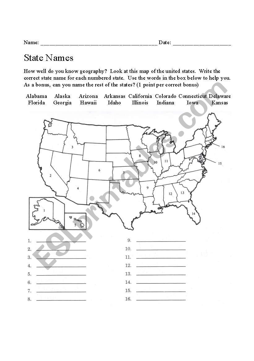 State Names worksheet