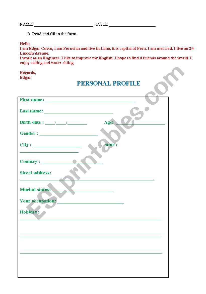 Personal profile worksheet