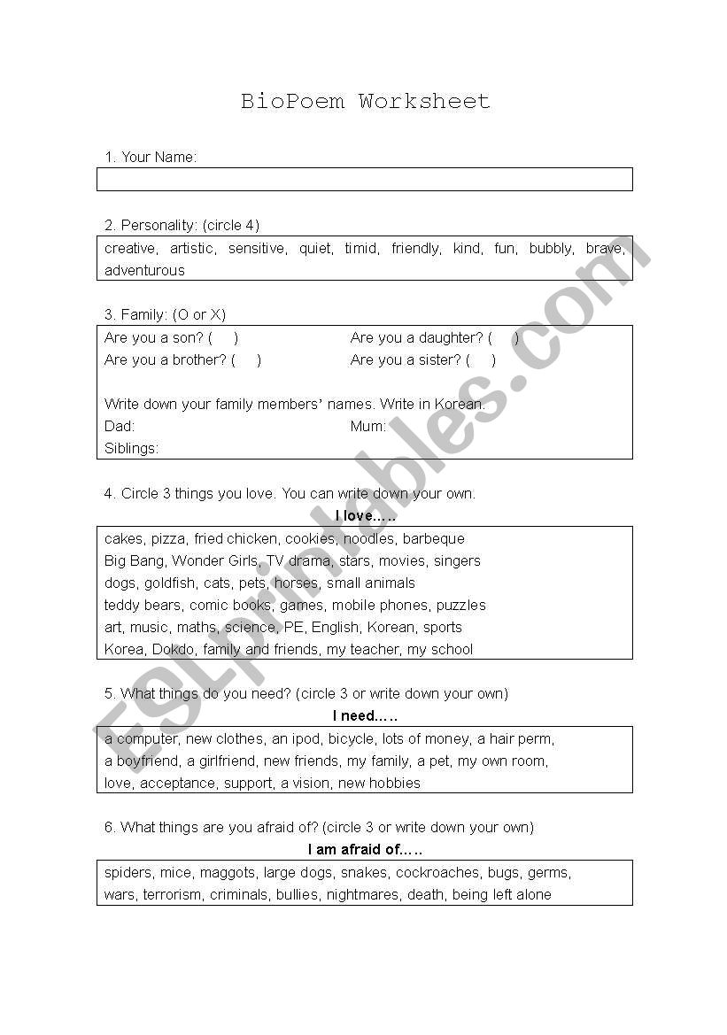 Bio Poem Worksheet worksheet