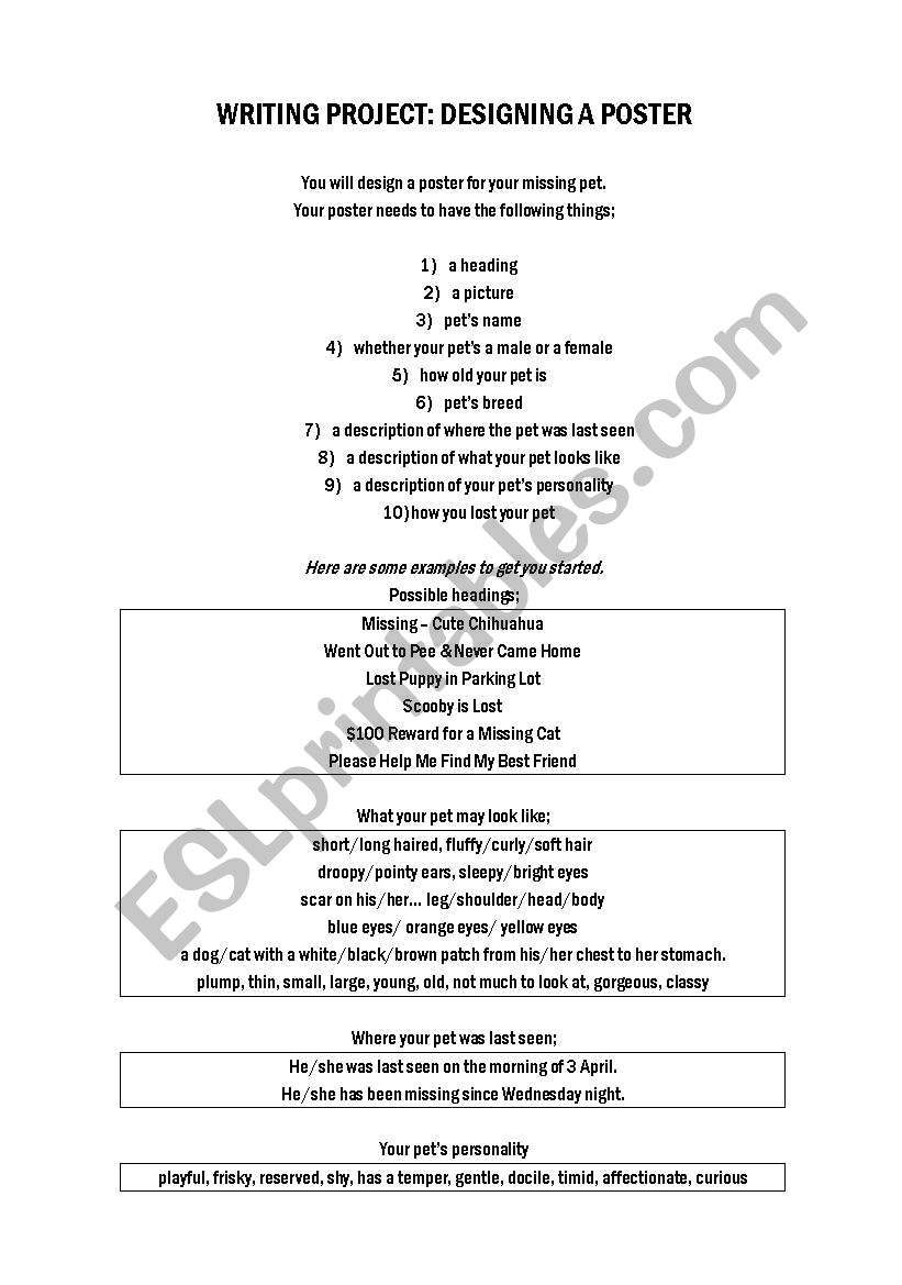 Missing Pet Poster Worksheet worksheet