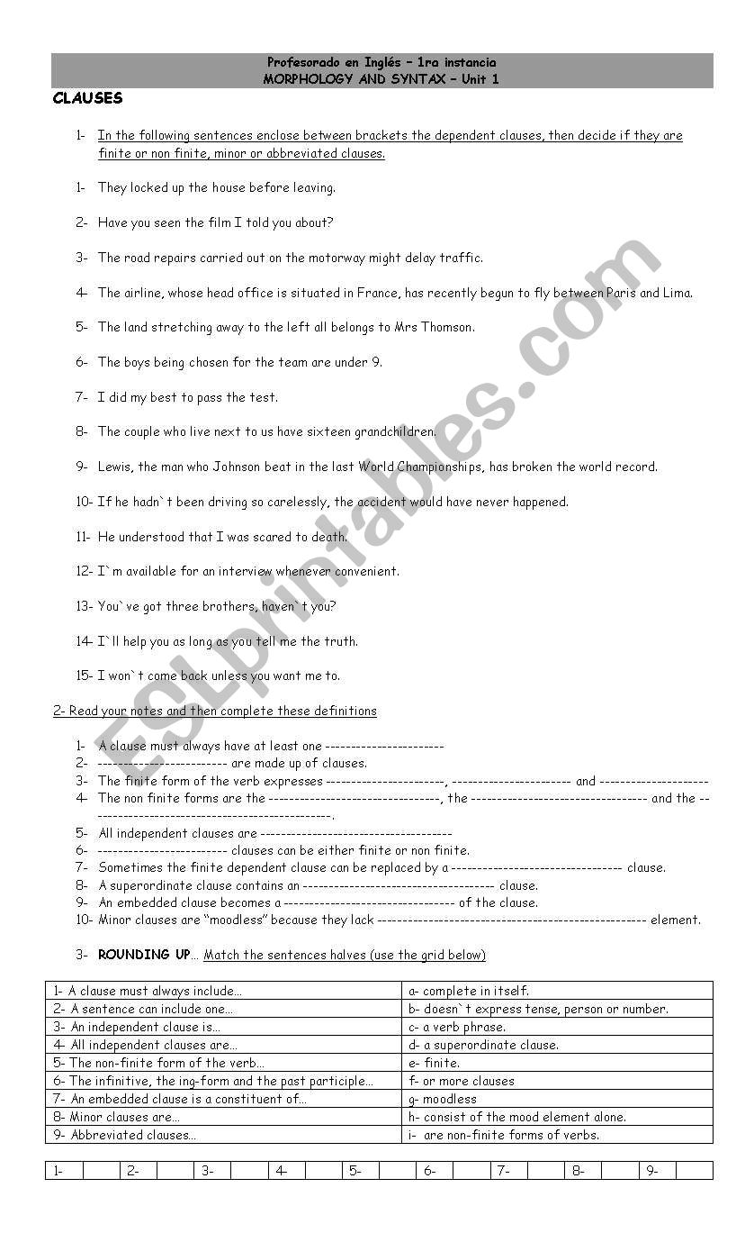 classes of clauses  worksheet