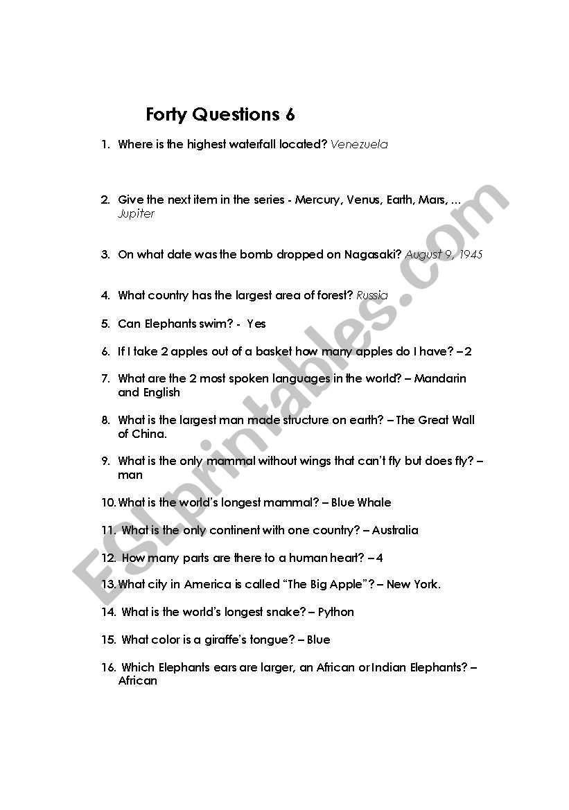 Forty Questions 6 worksheet