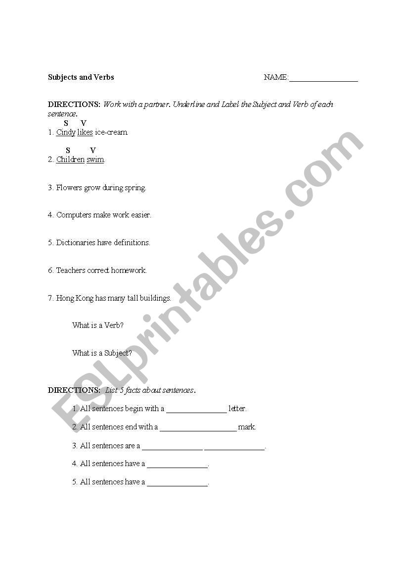 Subjects and Verbs worksheet
