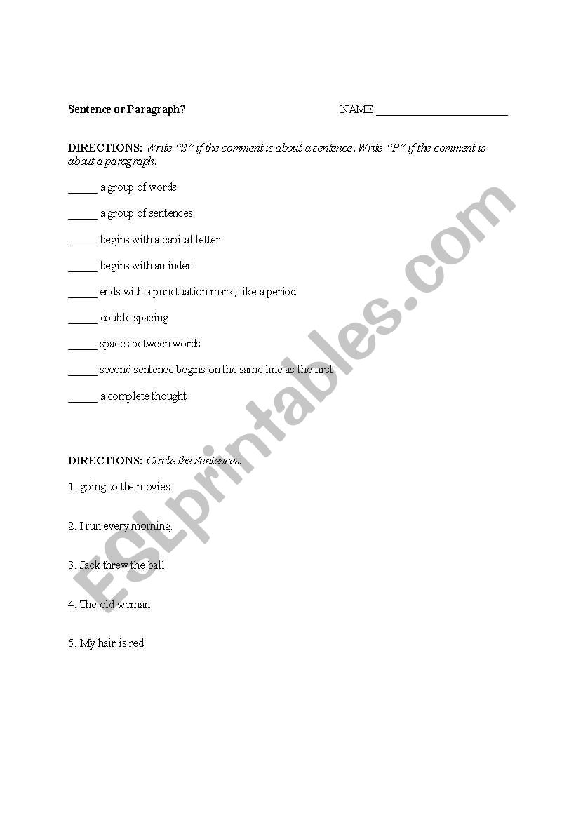 Sentences or Paragraphs? worksheet