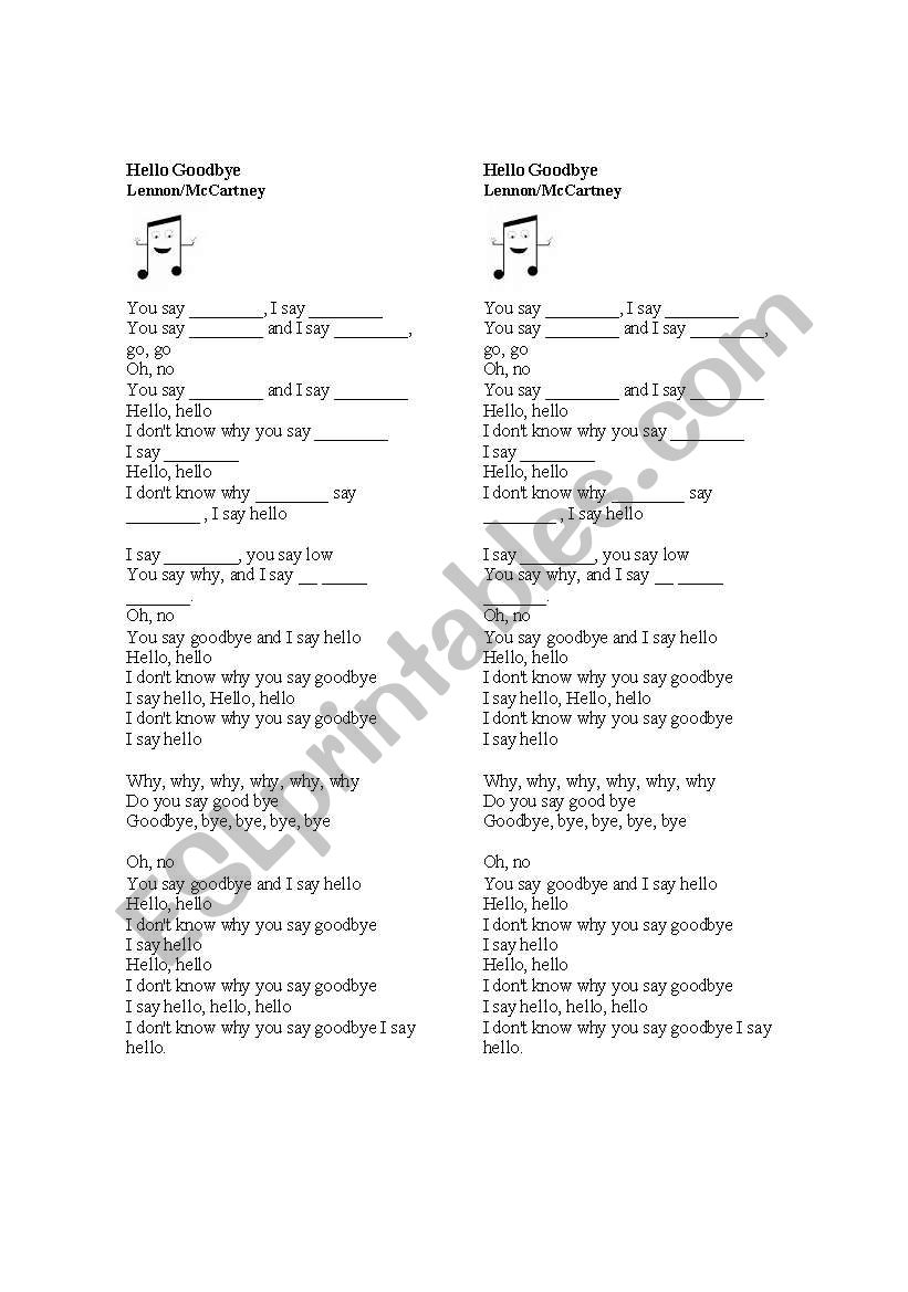 Song Hello Goodbye worksheet