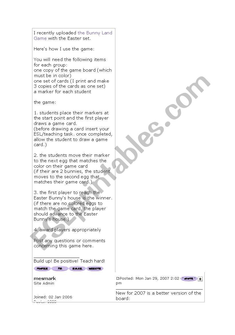 Bunny Land game worksheet