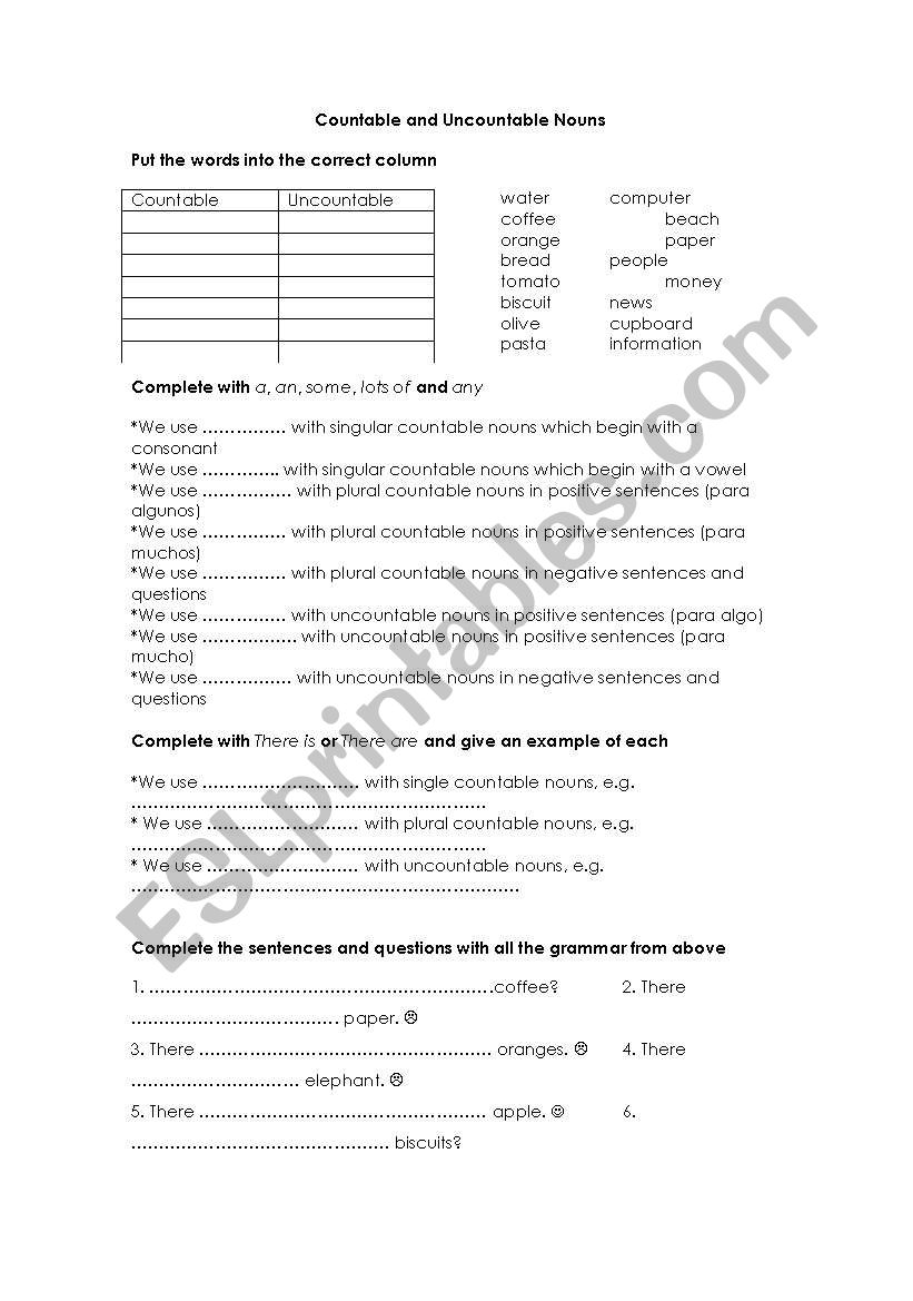 Countable or Uncountable worksheet