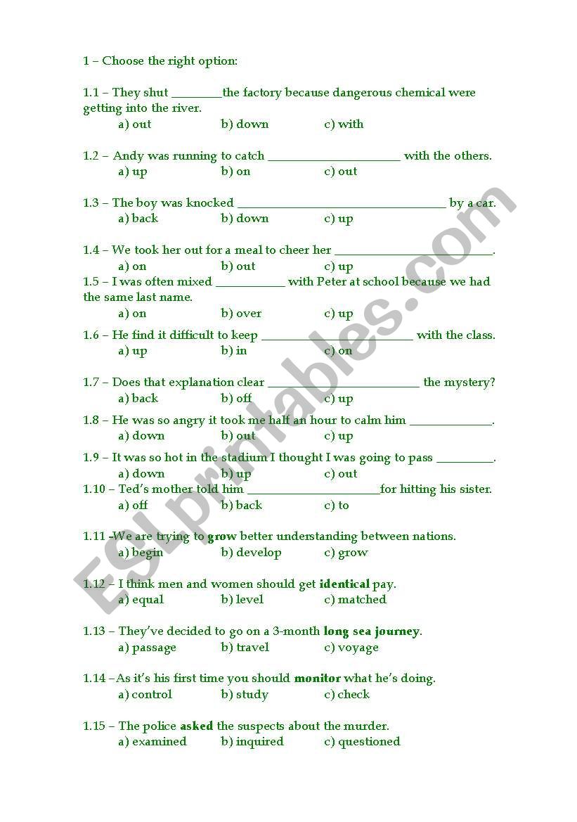 Prepositions and synonyms worksheet