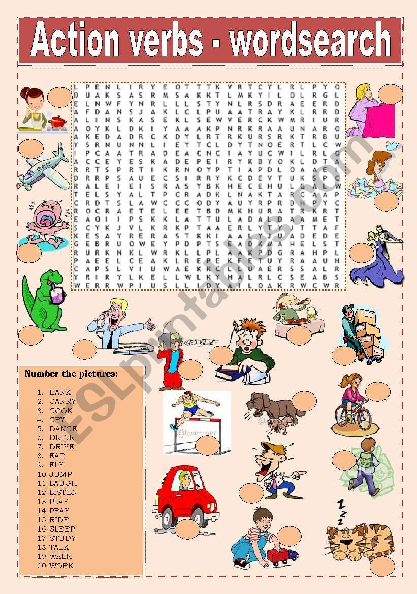 Action verbs - wordsearch worksheet