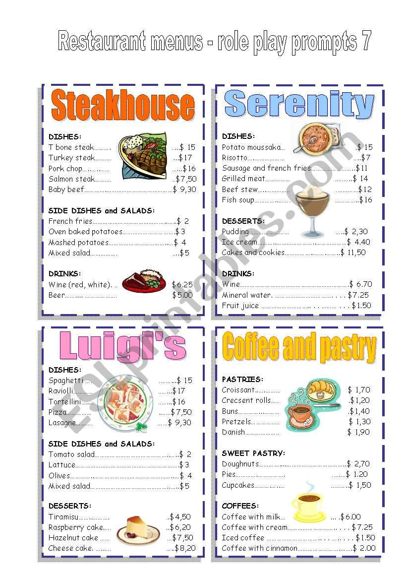 RESTAURANT MENUS worksheet