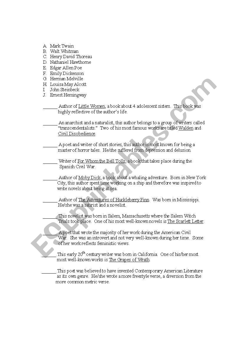 American Authors worksheet