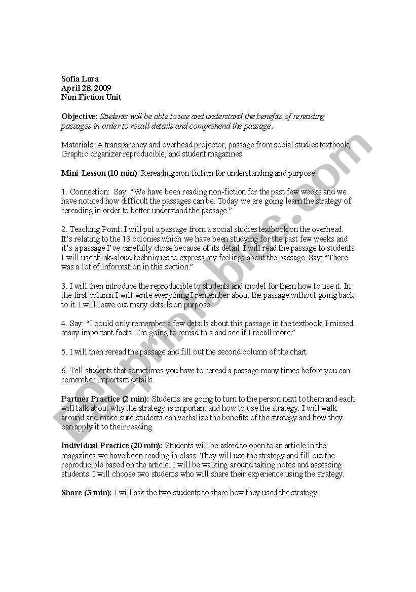 Lesson Plan on Re-Reading Strategy Non fiction