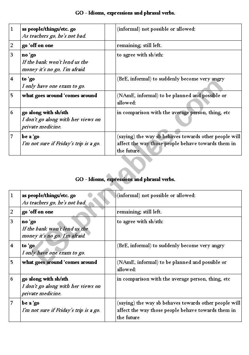 Go - Idioms and Expressions worksheet