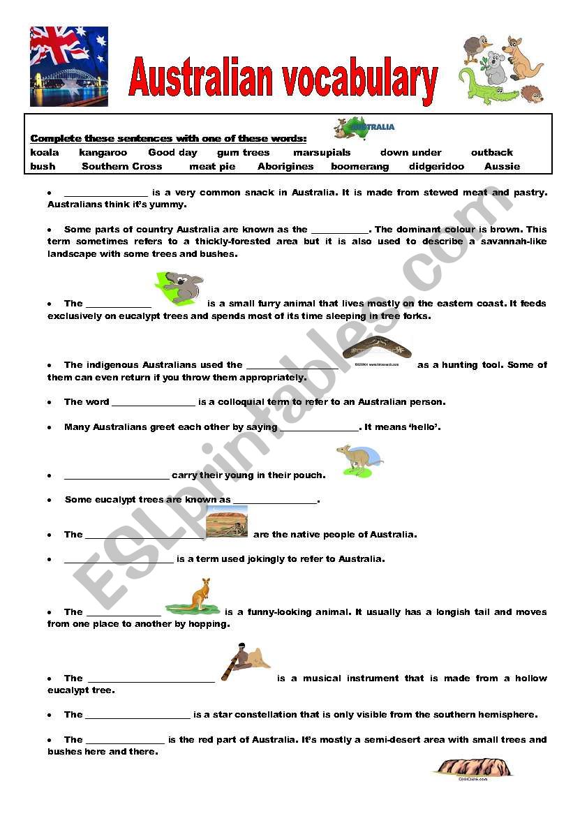 Australian vocabulary - A gap-fill activity