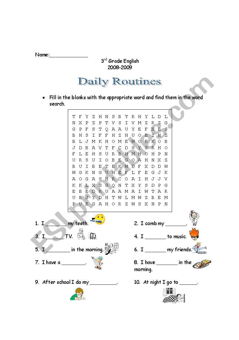 Daily Routines Word Search worksheet