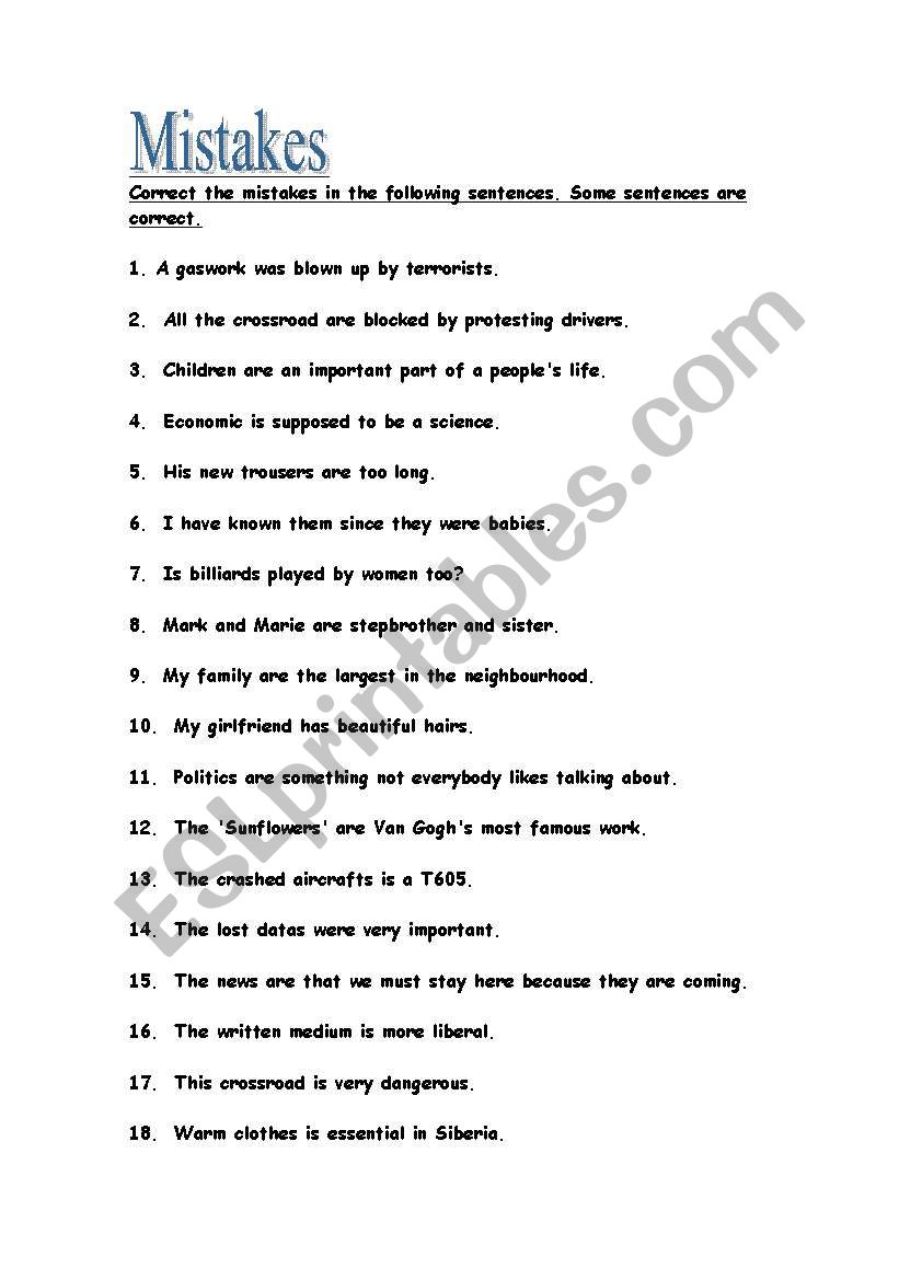 Correct the mistakes worksheet