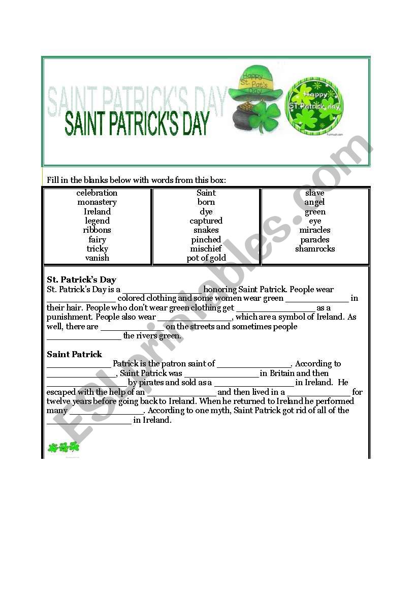 SAINT PATRICK ( 2 PAGES) worksheet