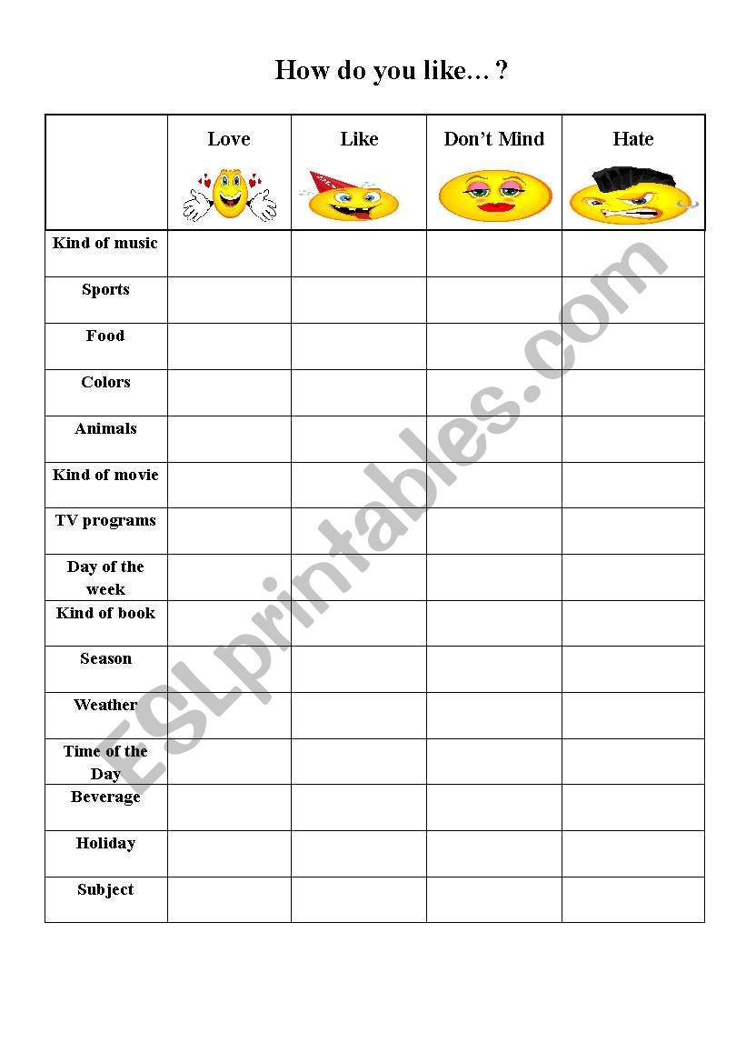 How do you like...? worksheet