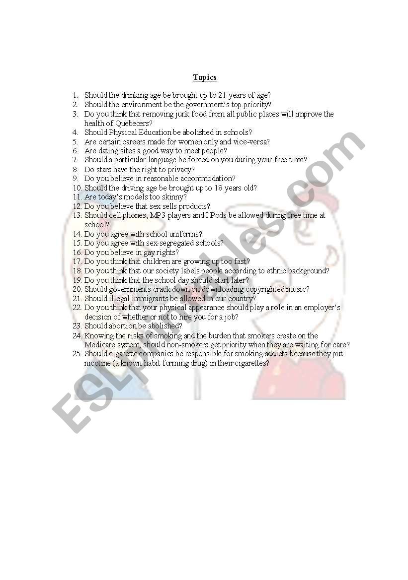 Debate Topics worksheet