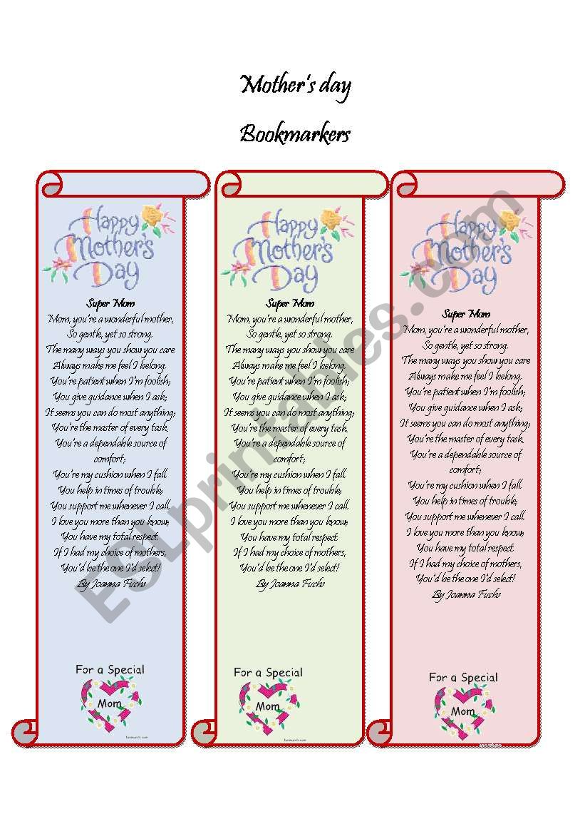 Bookmarker - Mothers Day worksheet