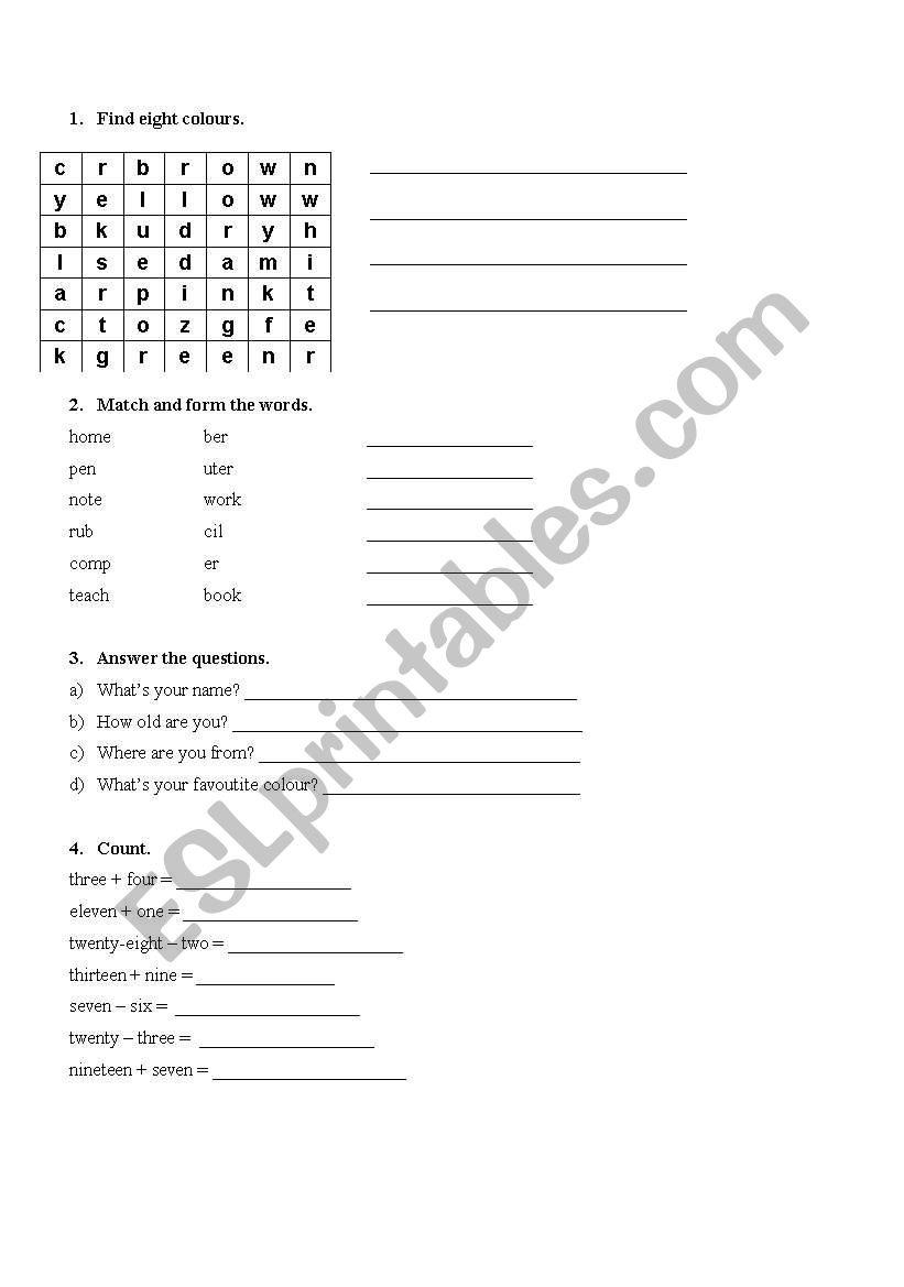 elementary english, colours, at school, numbers,