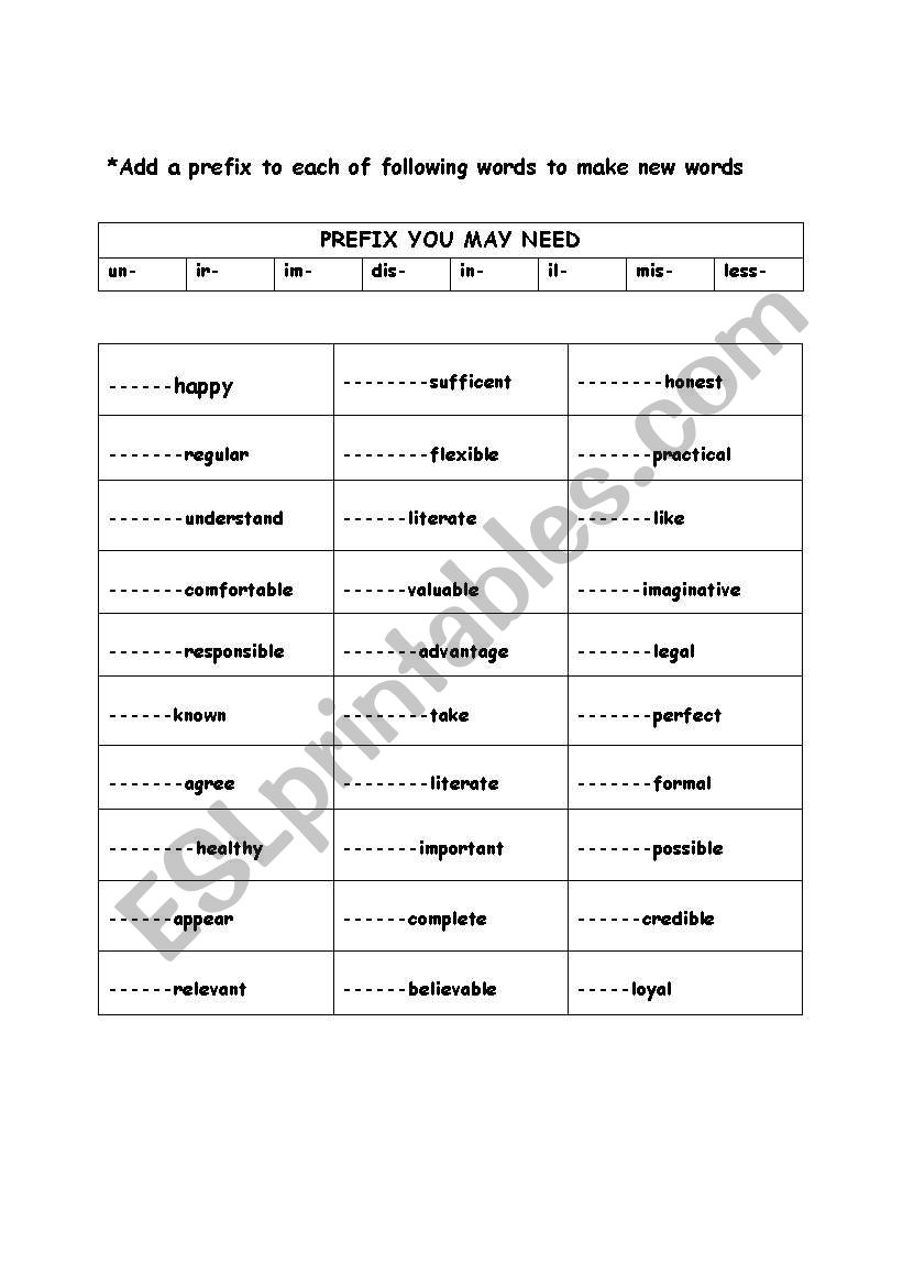 prefix worksheet