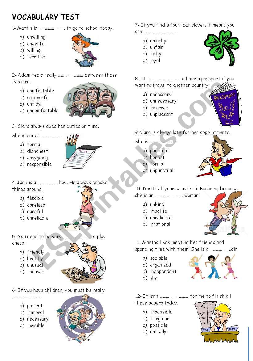 vocabulary test worksheet