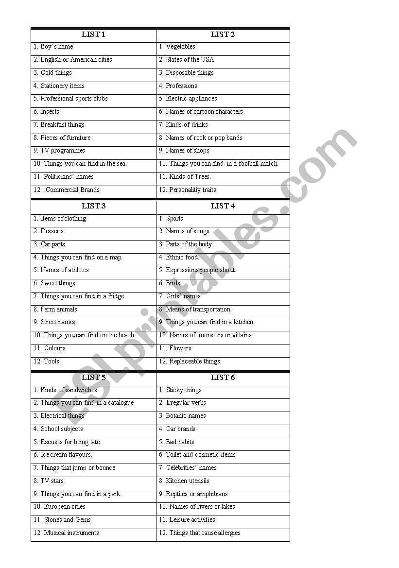 Scattergories worksheet