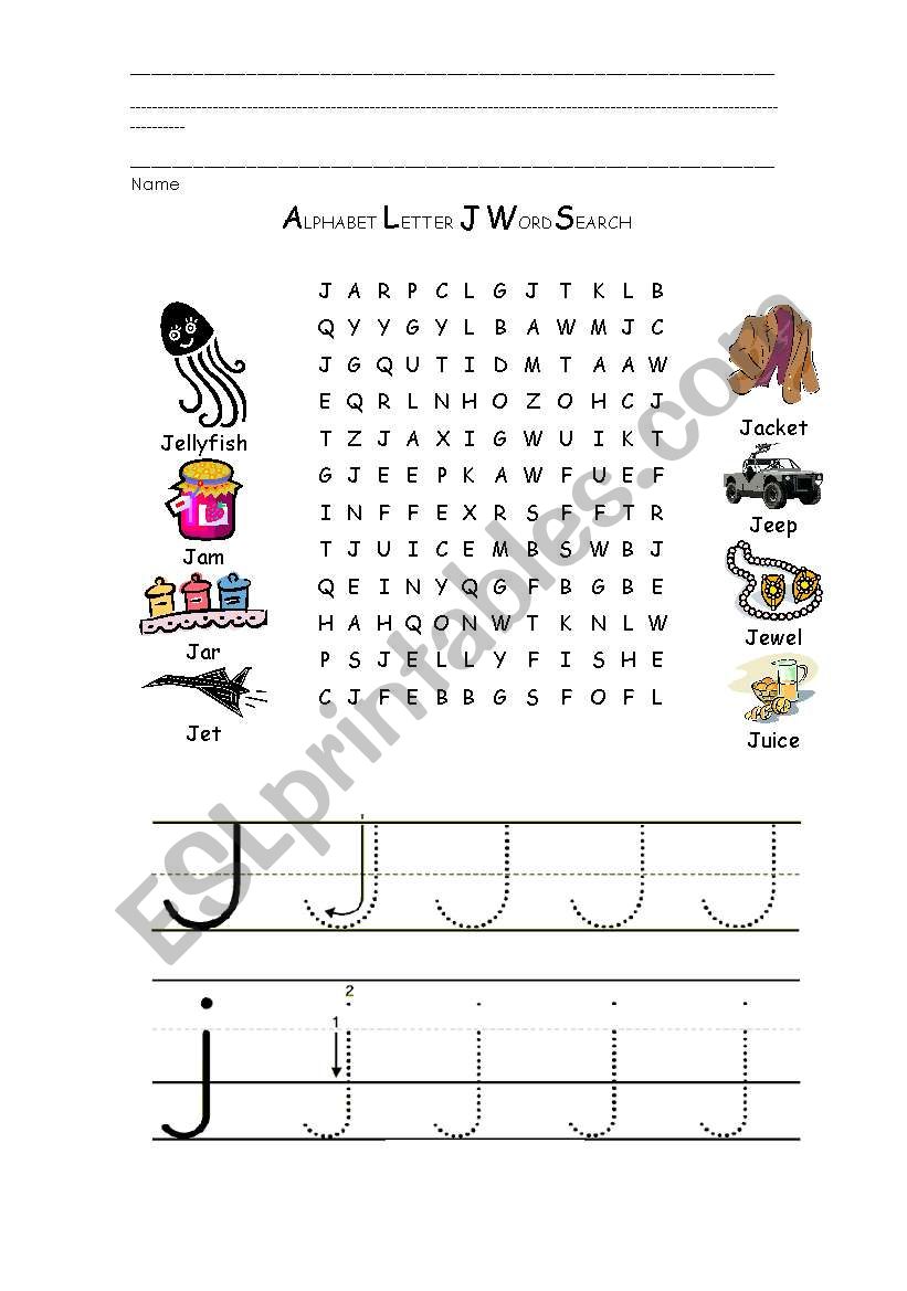 Wordsearch of J letter worksheet