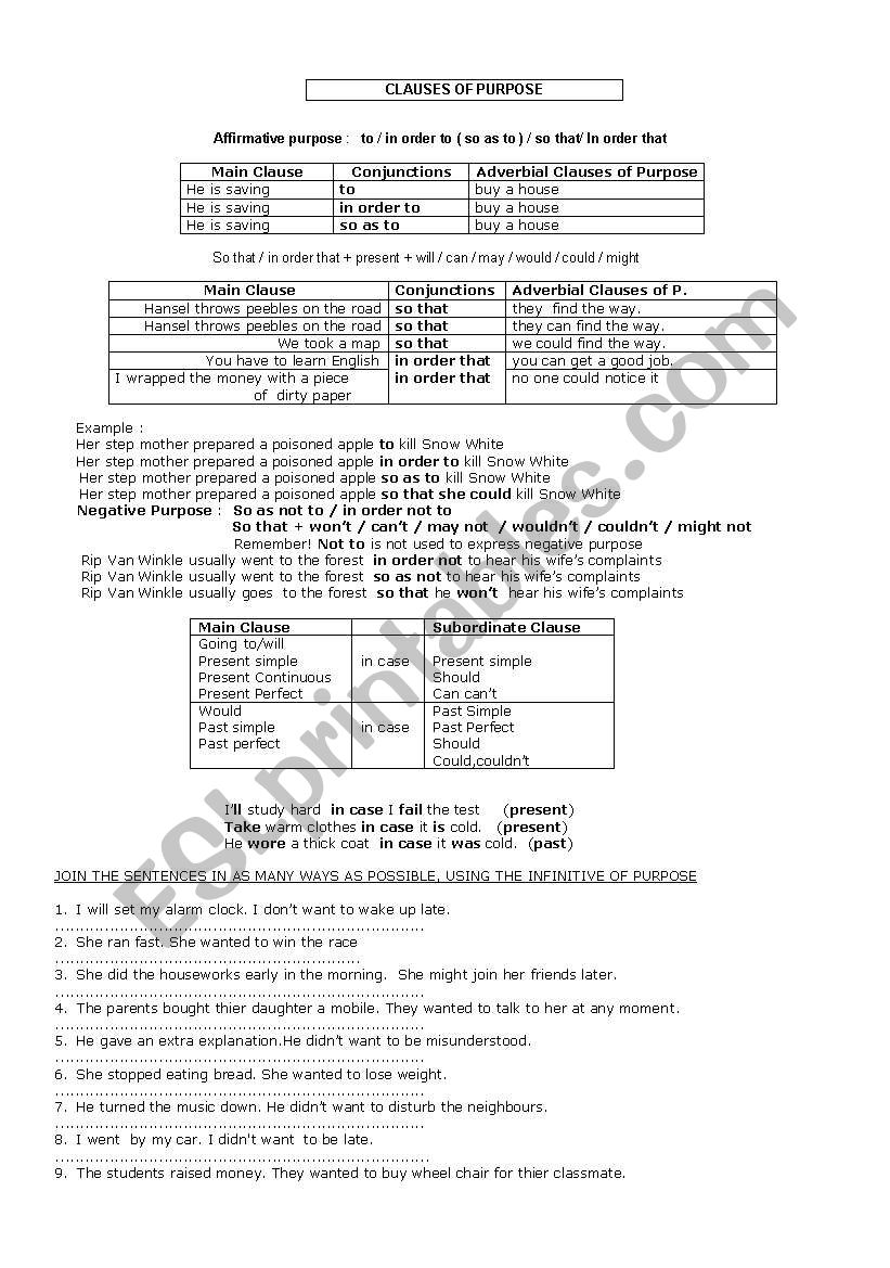 clauses of purpose worksheet