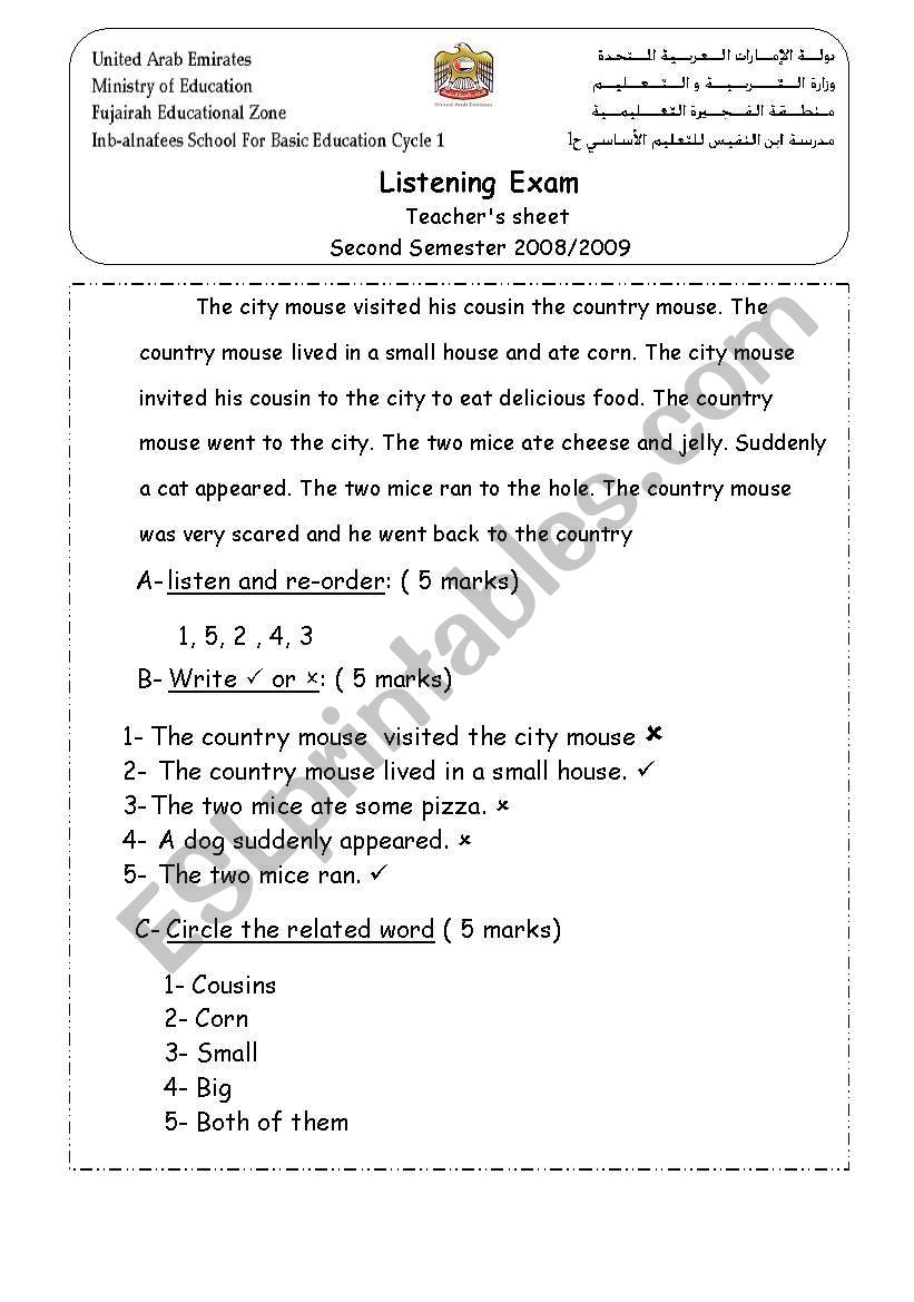 listening test  teacher sheet . about city mouse country mouse